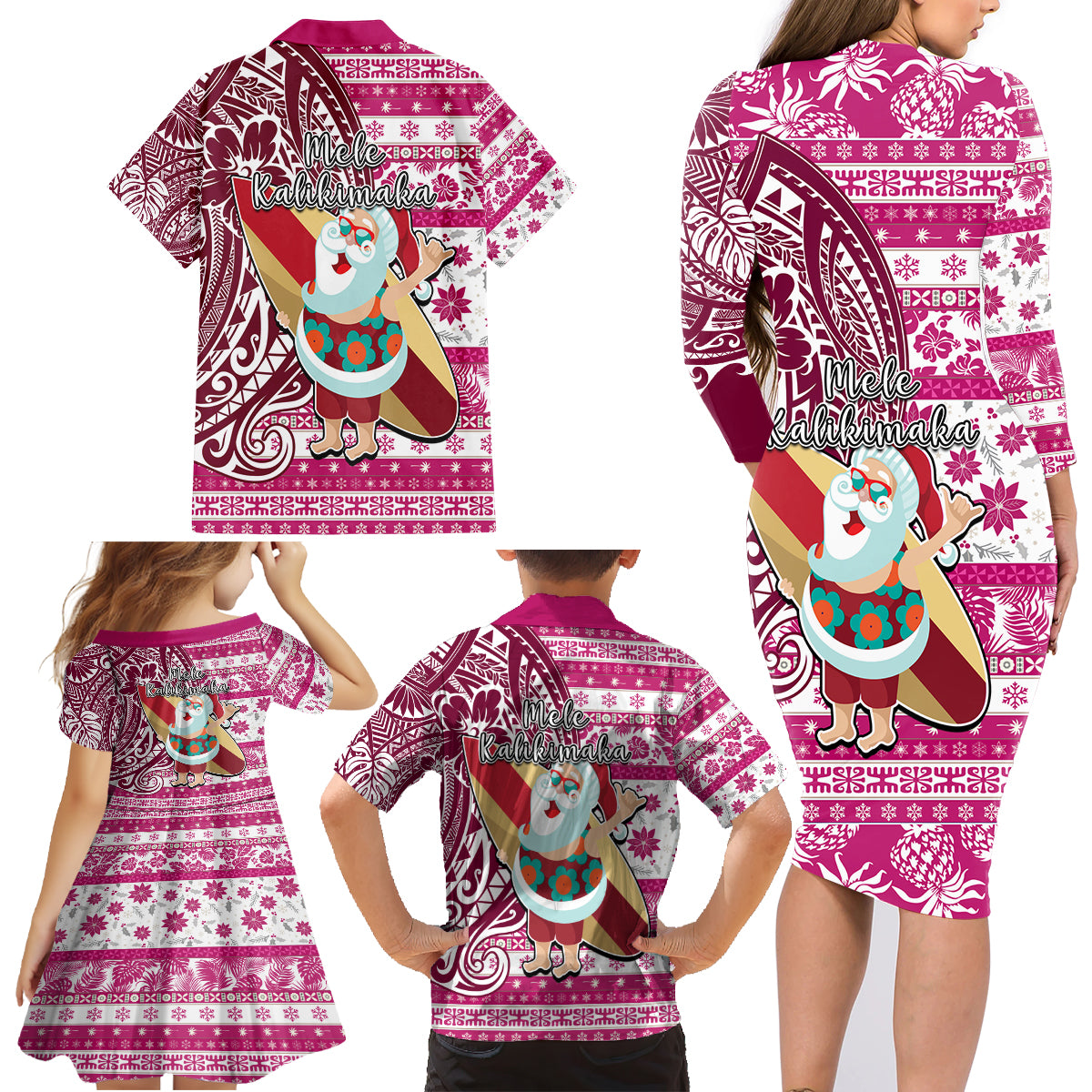 Hawaii Mele Kalikimaka Family Matching Long Sleeve Bodycon Dress and Hawaiian Shirt Santa Claus Surfing with Hawaiian Pattern Striped Pink Style LT03 - Polynesian Pride