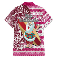 Hawaii Mele Kalikimaka Family Matching Long Sleeve Bodycon Dress and Hawaiian Shirt Santa Claus Surfing with Hawaiian Pattern Striped Pink Style LT03 - Polynesian Pride