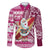 Hawaii Mele Kalikimaka Family Matching Long Sleeve Bodycon Dress and Hawaiian Shirt Santa Claus Surfing with Hawaiian Pattern Striped Pink Style LT03 Dad's Shirt - Long Sleeve Pink - Polynesian Pride