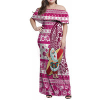 Hawaii Mele Kalikimaka Family Matching Off Shoulder Maxi Dress and Hawaiian Shirt Santa Claus Surfing with Hawaiian Pattern Striped Pink Style LT03 Mom's Dress Pink - Polynesian Pride