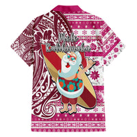Hawaii Mele Kalikimaka Family Matching Short Sleeve Bodycon Dress and Hawaiian Shirt Santa Claus Surfing with Hawaiian Pattern Striped Pink Style LT03 - Polynesian Pride