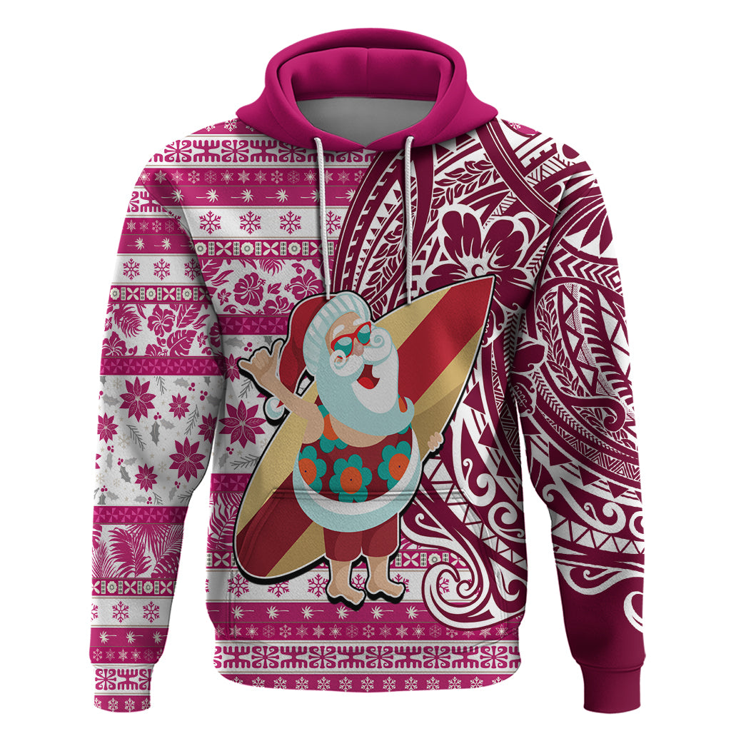 Hawaii Mele Kalikimaka Hoodie Santa Claus Surfing with Hawaiian Pattern Striped Pink Style LT03 Pullover Hoodie Pink - Polynesian Pride