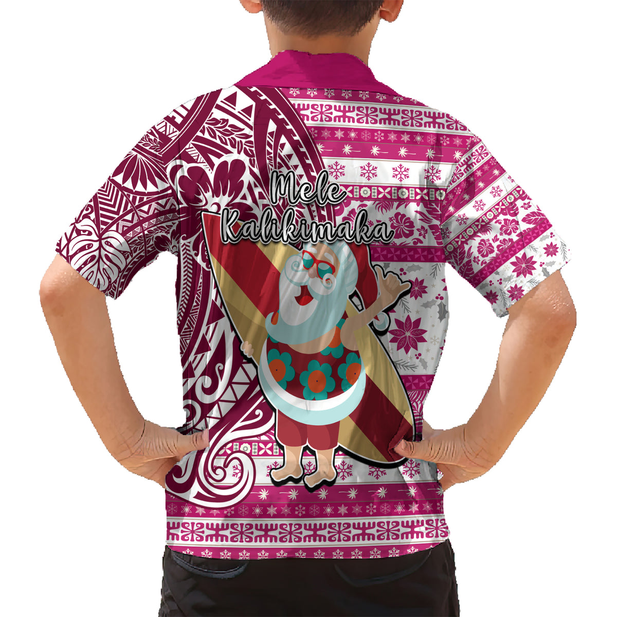 Hawaii Mele Kalikimaka Kid Hawaiian Shirt Santa Claus Surfing with Hawaiian Pattern Striped Pink Style LT03 - Polynesian Pride