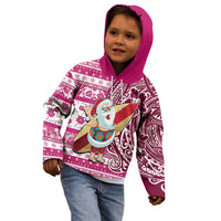 Hawaii Mele Kalikimaka Kid Hoodie Santa Claus Surfing with Hawaiian Pattern Striped Pink Style LT03 - Polynesian Pride