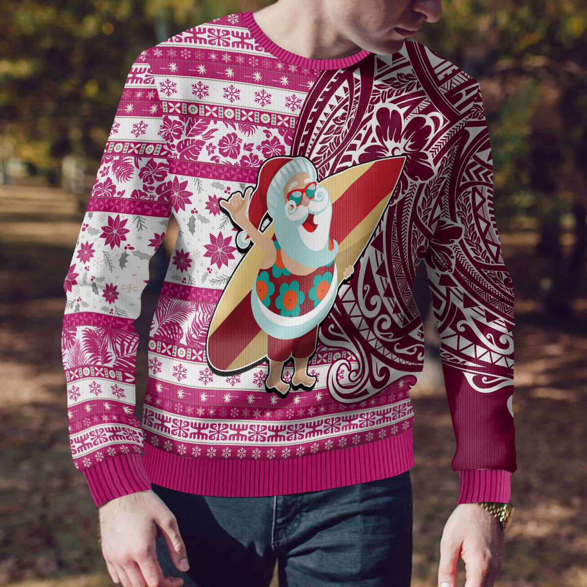 Hawaii Mele Kalikimaka Ugly Christmas Sweater Santa Claus Surfing with Hawaiian Pattern Striped Pink Style LT03 - Polynesian Pride