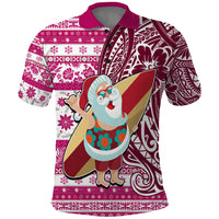 Hawaii Mele Kalikimaka Polo Shirt Santa Claus Surfing with Hawaiian Pattern Striped Pink Style LT03 Pink - Polynesian Pride