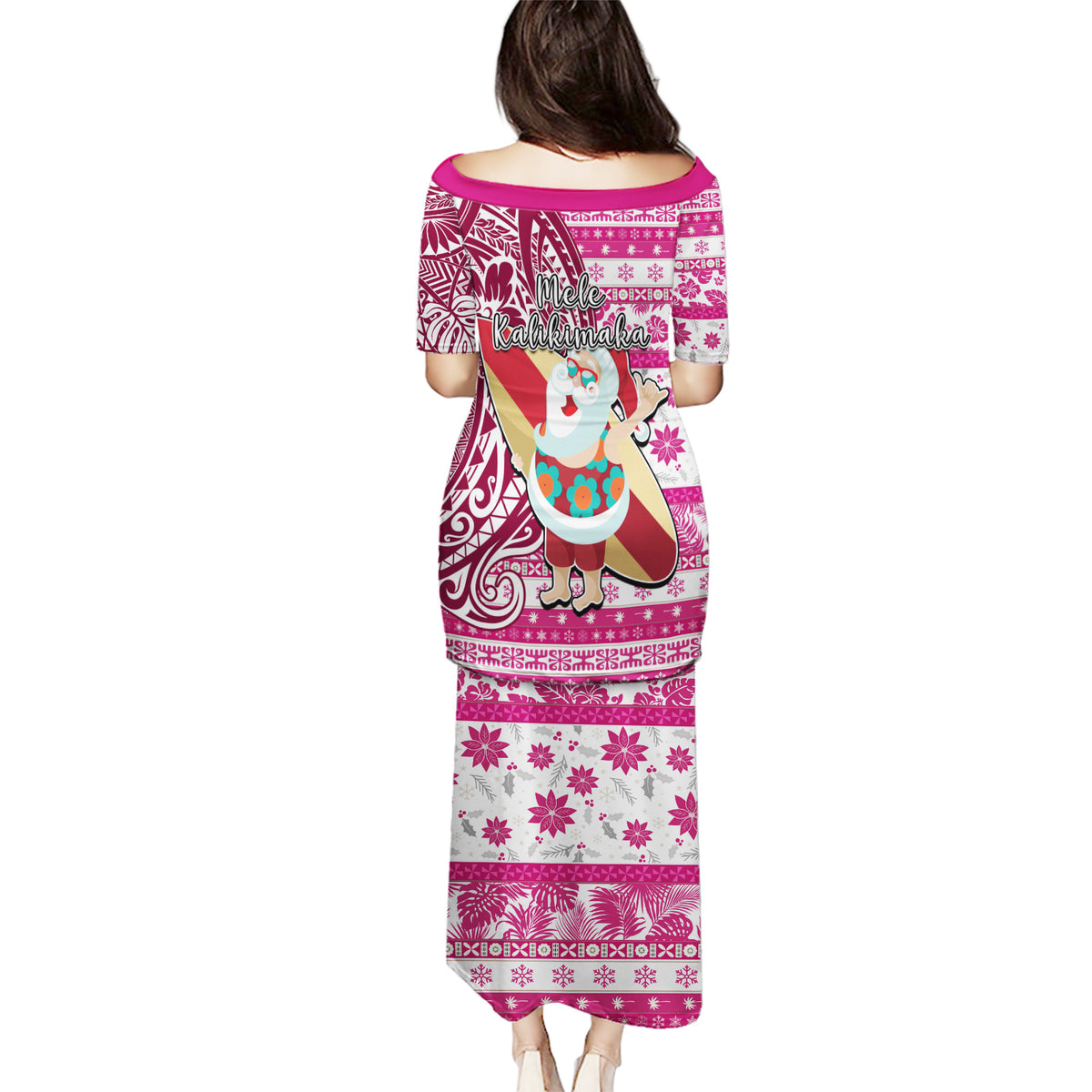 Hawaii Mele Kalikimaka Puletasi Santa Claus Surfing with Hawaiian Pattern Striped Pink Style LT03 - Polynesian Pride