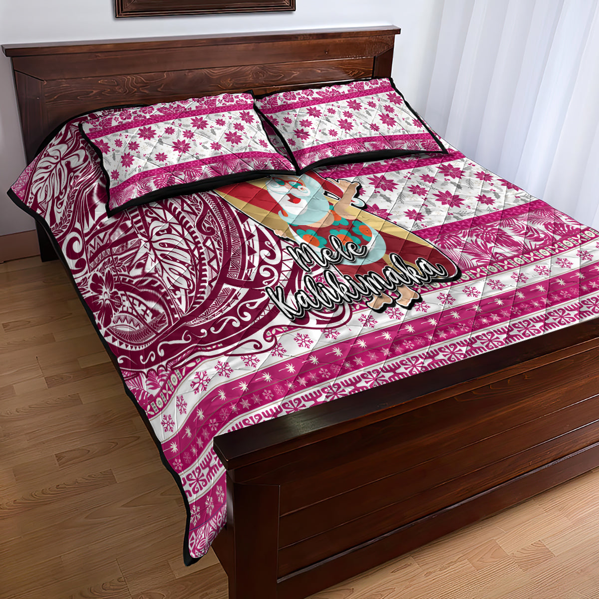 Hawaii Mele Kalikimaka Quilt Bed Set Santa Claus Surfing with Hawaiian Pattern Striped Pink Style LT03 - Polynesian Pride