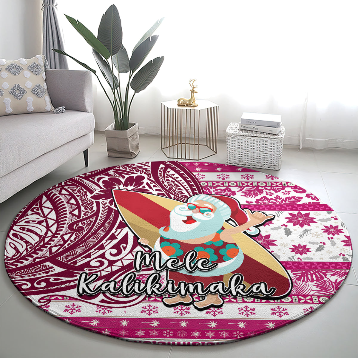 Hawaii Mele Kalikimaka Round Carpet Santa Claus Surfing with Hawaiian Pattern Striped Pink Style LT03 - Polynesian Pride