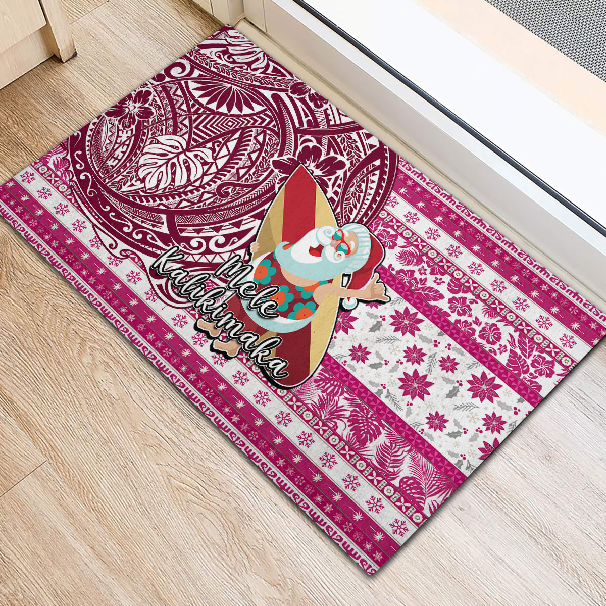 Hawaii Mele Kalikimaka Rubber Doormat Santa Claus Surfing with Hawaiian Pattern Striped Pink Style LT03 - Polynesian Pride