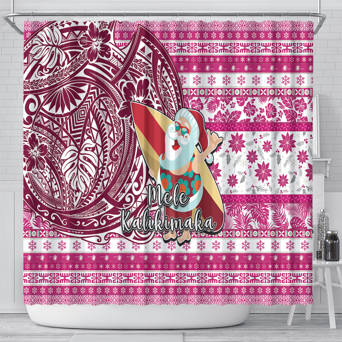 Hawaii Mele Kalikimaka Shower Curtain Santa Claus Surfing with Hawaiian Pattern Striped Pink Style LT03 - Polynesian Pride