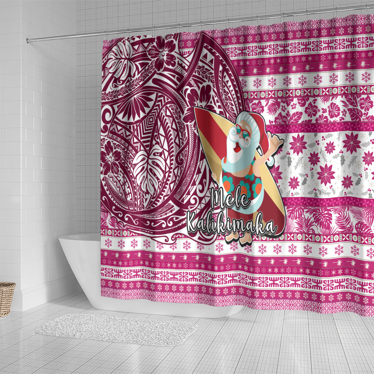 Hawaii Mele Kalikimaka Shower Curtain Santa Claus Surfing with Hawaiian Pattern Striped Pink Style LT03 - Polynesian Pride