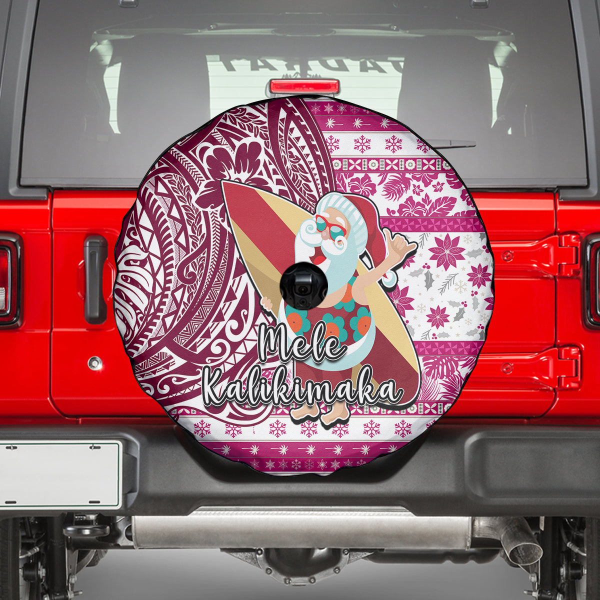 Hawaii Mele Kalikimaka Spare Tire Cover Santa Claus Surfing with Hawaiian Pattern Striped Pink Style LT03 - Polynesian Pride
