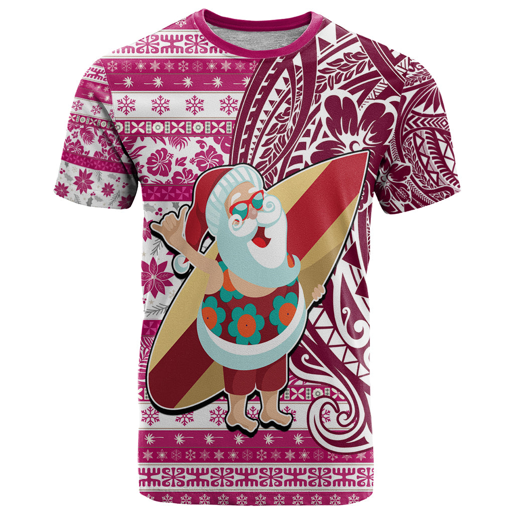 Hawaii Mele Kalikimaka T Shirt Santa Claus Surfing with Hawaiian Pattern Striped Pink Style LT03 Pink - Polynesian Pride