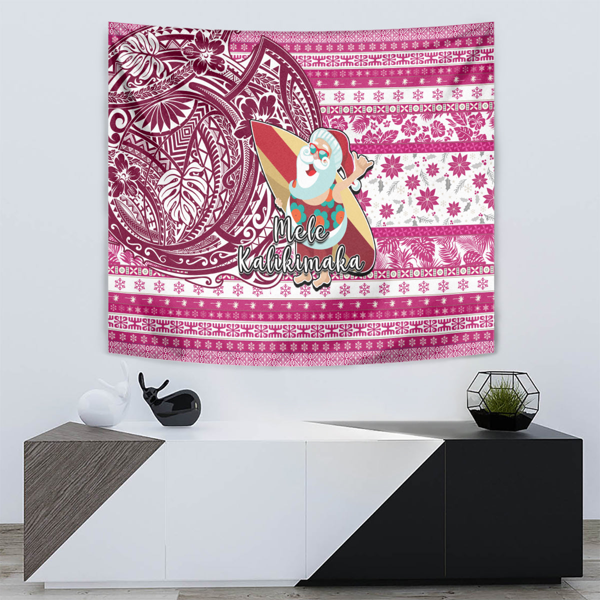 Hawaii Mele Kalikimaka Tapestry Santa Claus Surfing with Hawaiian Pattern Striped Pink Style LT03 - Polynesian Pride