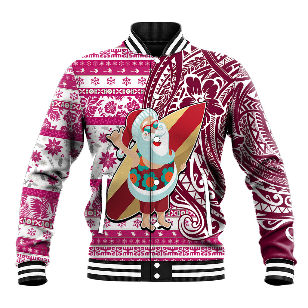 Custom Hawaii Mele Kalikimaka Baseball Jacket Santa Claus Surfing with Hawaiian Pattern Striped Pink Style LT03 Unisex Pink - Polynesian Pride