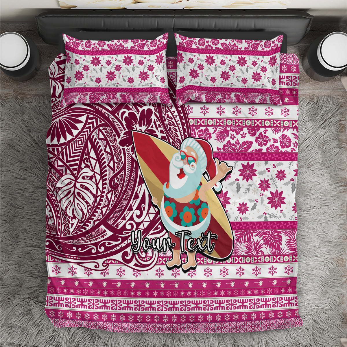 Custom Hawaii Mele Kalikimaka Bedding Set Santa Claus Surfing with Hawaiian Pattern Striped Pink Style LT03 Pink - Polynesian Pride