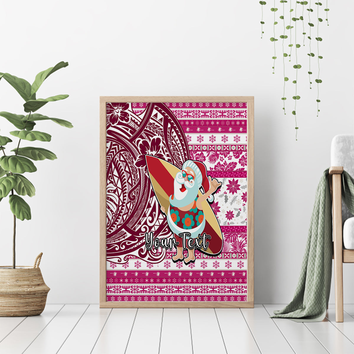 Custom Hawaii Mele Kalikimaka Canvas Wall Art Santa Claus Surfing with Hawaiian Pattern Striped Pink Style LT03 - Polynesian Pride