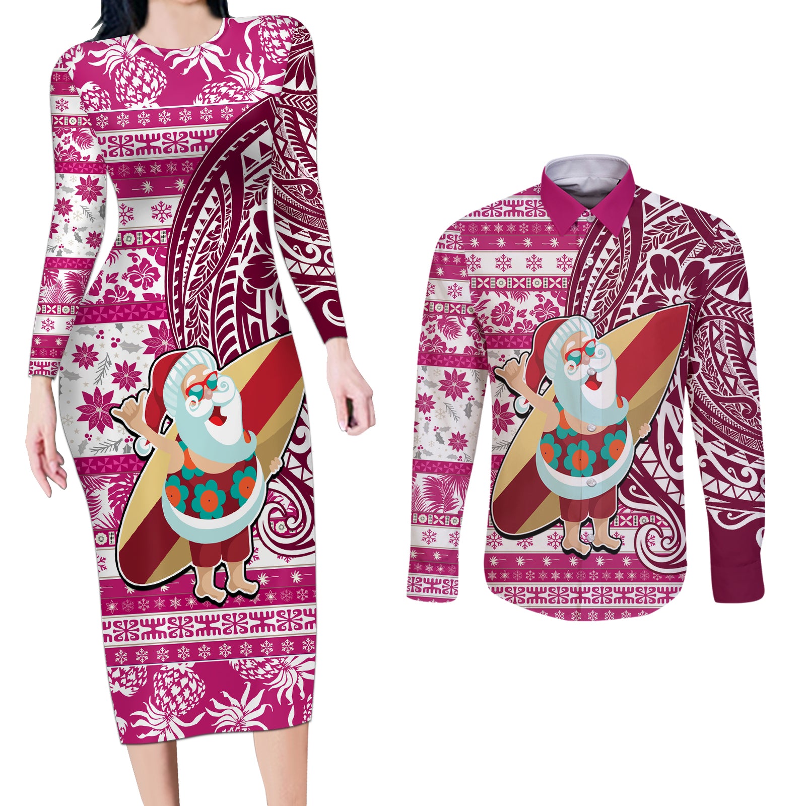 Custom Hawaii Mele Kalikimaka Couples Matching Long Sleeve Bodycon Dress and Long Sleeve Button Shirt Santa Claus Surfing with Hawaiian Pattern Striped Pink Style LT03 Pink - Polynesian Pride
