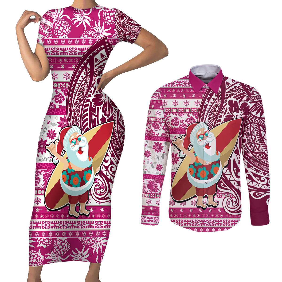 Custom Hawaii Mele Kalikimaka Couples Matching Short Sleeve Bodycon Dress and Long Sleeve Button Shirt Santa Claus Surfing with Hawaiian Pattern Striped Pink Style LT03 Pink - Polynesian Pride
