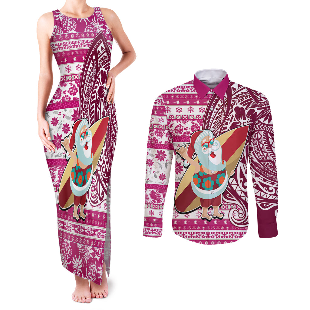 Custom Hawaii Mele Kalikimaka Couples Matching Tank Maxi Dress and Long Sleeve Button Shirt Santa Claus Surfing with Hawaiian Pattern Striped Pink Style LT03 Pink - Polynesian Pride