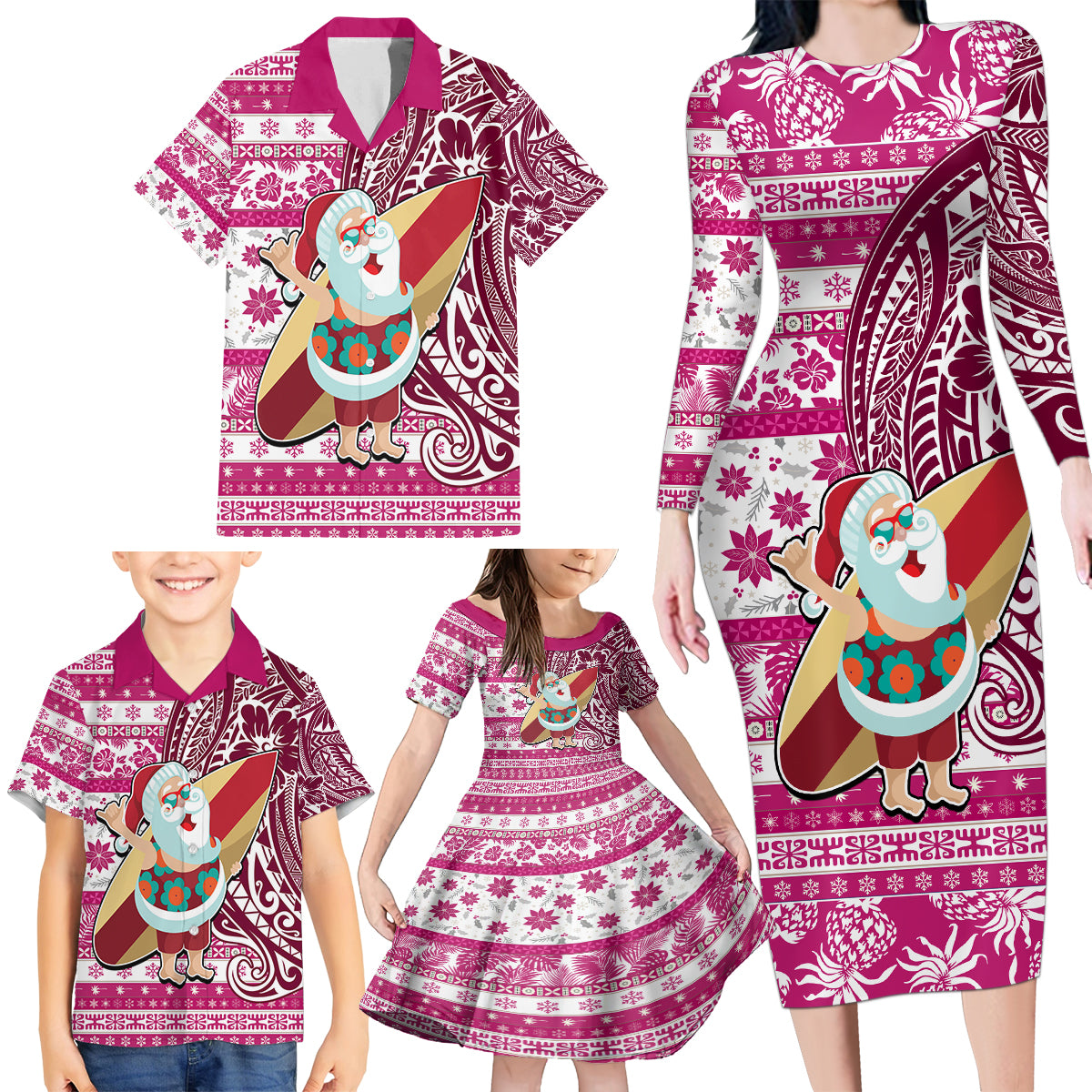 Custom Hawaii Mele Kalikimaka Family Matching Long Sleeve Bodycon Dress and Hawaiian Shirt Santa Claus Surfing with Hawaiian Pattern Striped Pink Style LT03 - Polynesian Pride
