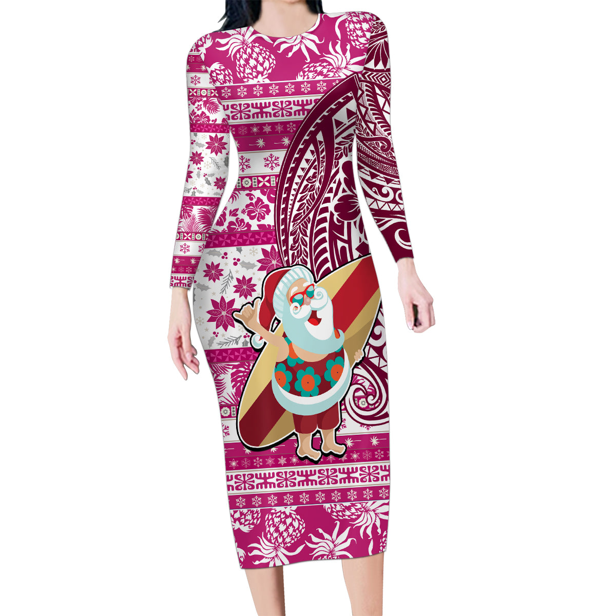 Custom Hawaii Mele Kalikimaka Family Matching Long Sleeve Bodycon Dress and Hawaiian Shirt Santa Claus Surfing with Hawaiian Pattern Striped Pink Style LT03 Mom's Dress Pink - Polynesian Pride