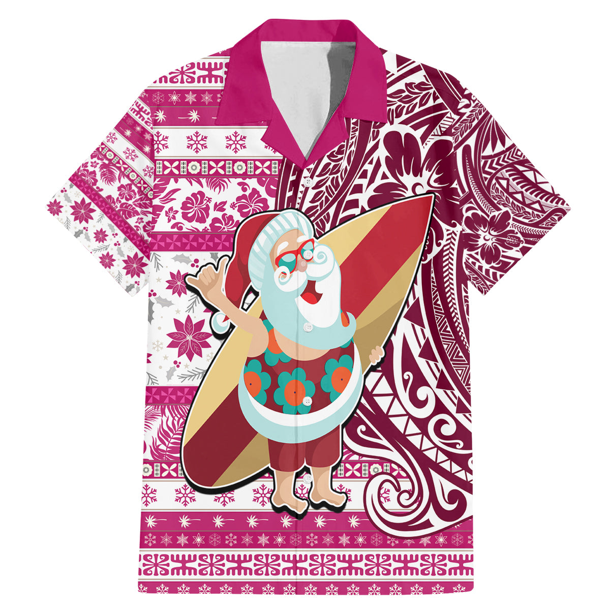 Custom Hawaii Mele Kalikimaka Family Matching Mermaid Dress and Hawaiian Shirt Santa Claus Surfing with Hawaiian Pattern Striped Pink Style LT03 Dad's Shirt - Short Sleeve Pink - Polynesian Pride