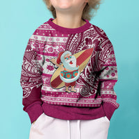 Custom Hawaii Mele Kalikimaka Kid Ugly Christmas Sweater Santa Claus Surfing with Hawaiian Pattern Striped Pink Style LT03 - Polynesian Pride