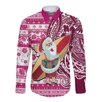 Custom Hawaii Mele Kalikimaka Long Sleeve Button Shirt Santa Claus Surfing with Hawaiian Pattern Striped Pink Style LT03 Unisex Pink - Polynesian Pride