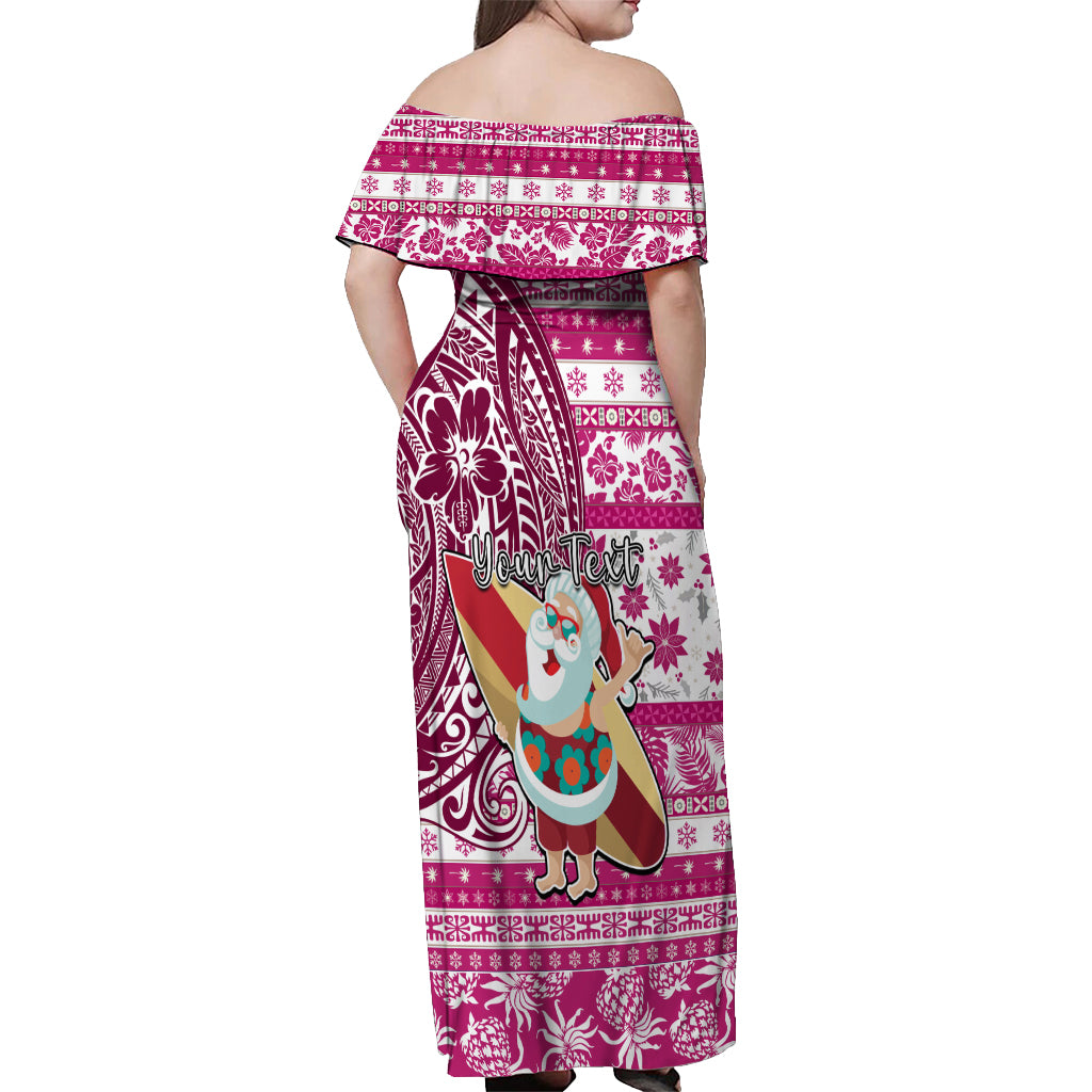 Custom Hawaii Mele Kalikimaka Off Shoulder Maxi Dress Santa Claus Surfing with Hawaiian Pattern Striped Pink Style LT03 - Polynesian Pride