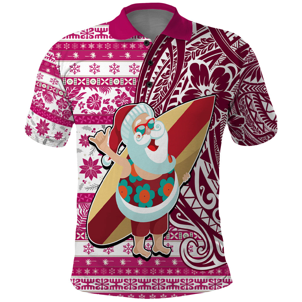 Custom Hawaii Mele Kalikimaka Polo Shirt Santa Claus Surfing with Hawaiian Pattern Striped Pink Style LT03 Pink - Polynesian Pride