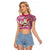 Custom Hawaii Mele Kalikimaka Raglan Cropped T Shirt Santa Claus Surfing with Hawaiian Pattern Striped Pink Style LT03 Female Pink - Polynesian Pride
