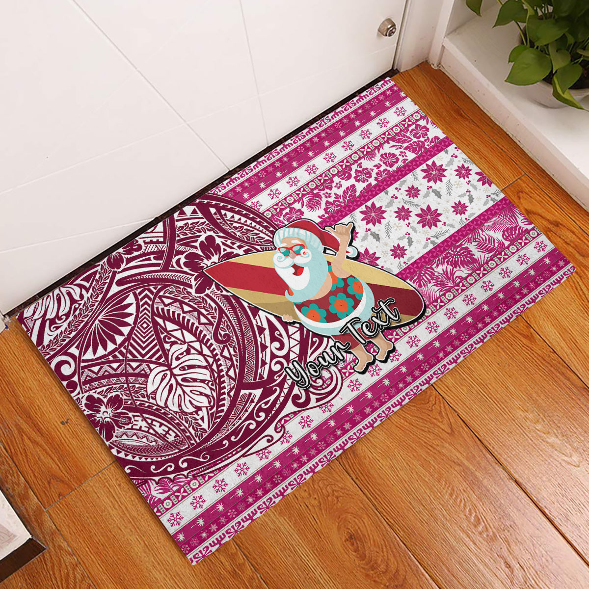 Custom Hawaii Mele Kalikimaka Rubber Doormat Santa Claus Surfing with Hawaiian Pattern Striped Pink Style LT03 Pink - Polynesian Pride