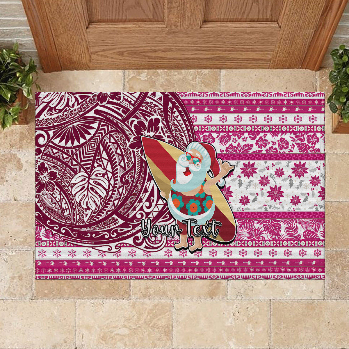Custom Hawaii Mele Kalikimaka Rubber Doormat Santa Claus Surfing with Hawaiian Pattern Striped Pink Style LT03 - Polynesian Pride