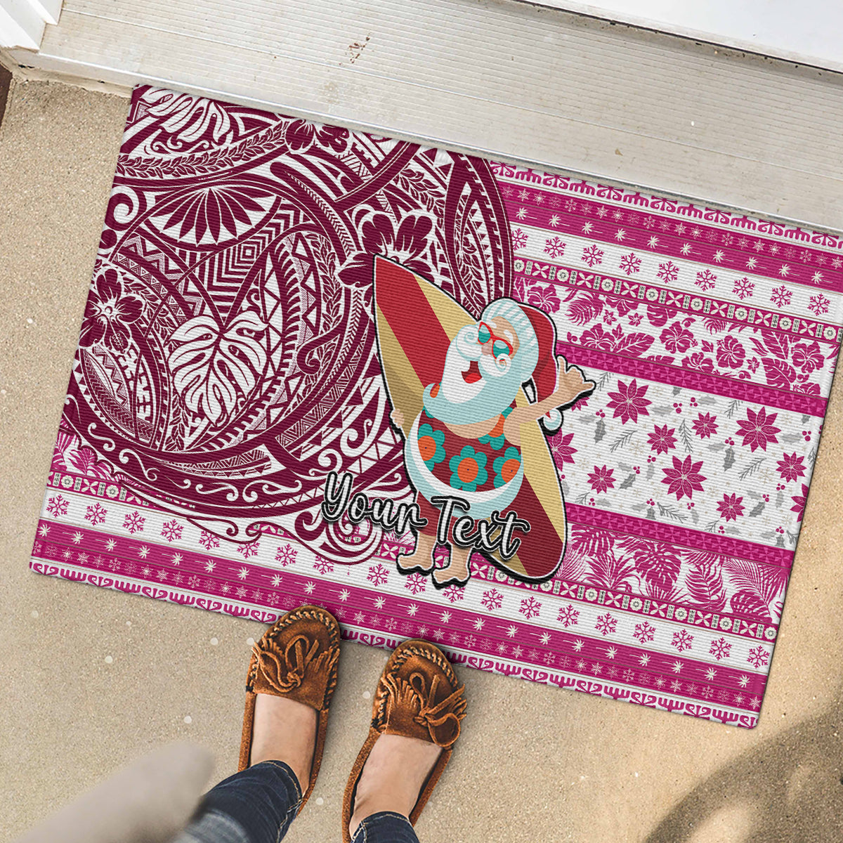 Custom Hawaii Mele Kalikimaka Rubber Doormat Santa Claus Surfing with Hawaiian Pattern Striped Pink Style LT03 - Polynesian Pride