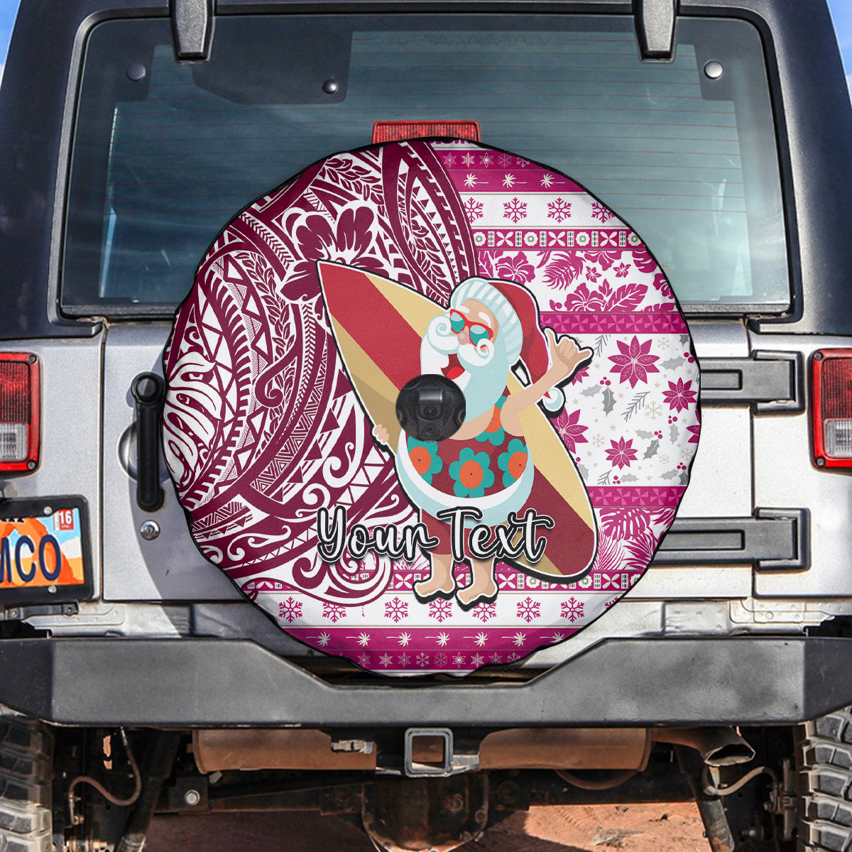 Custom Hawaii Mele Kalikimaka Spare Tire Cover Santa Claus Surfing with Hawaiian Pattern Striped Pink Style LT03 - Polynesian Pride