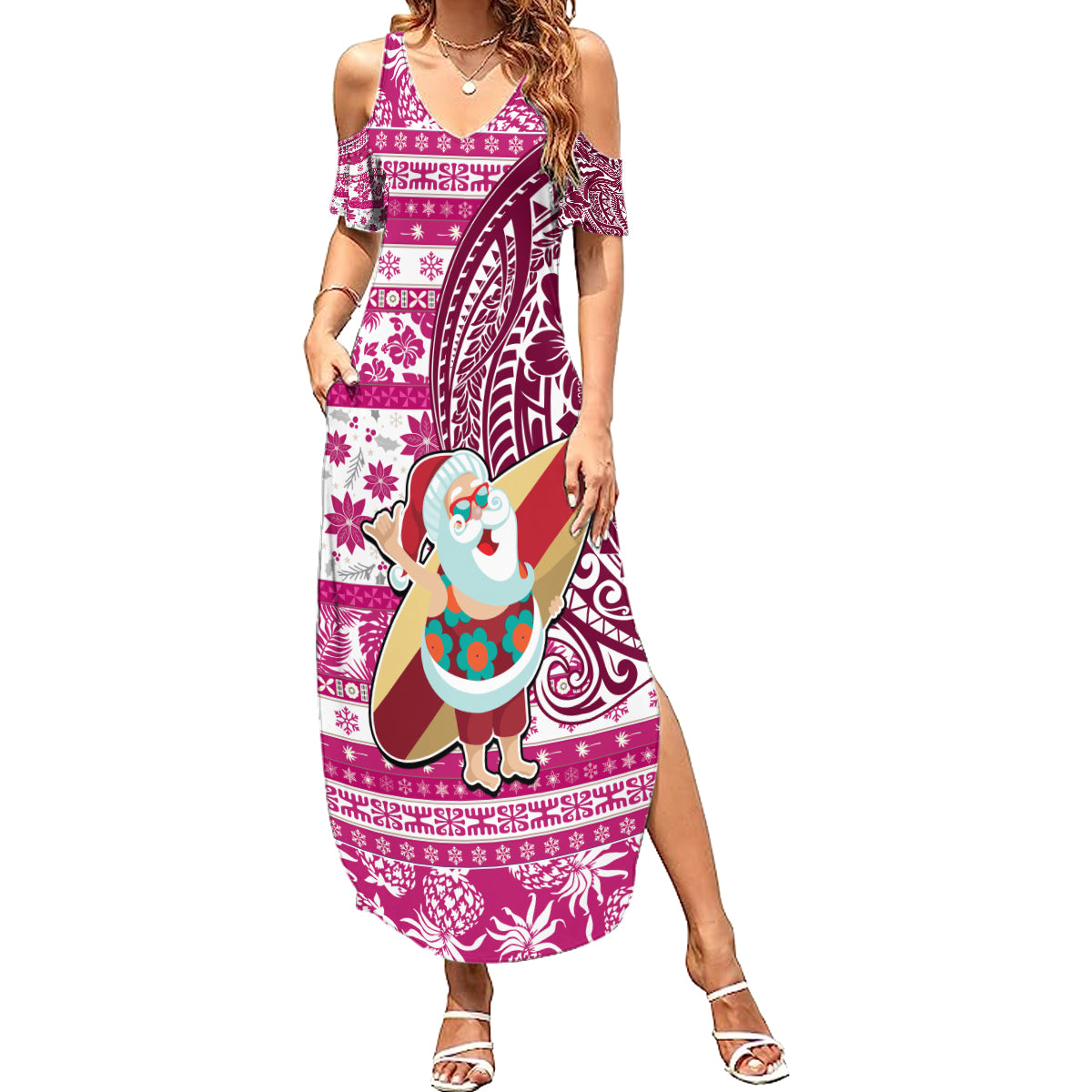 Custom Hawaii Mele Kalikimaka Summer Maxi Dress Santa Claus Surfing with Hawaiian Pattern Striped Pink Style LT03 Women Pink - Polynesian Pride