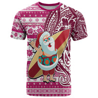 Custom Hawaii Mele Kalikimaka T Shirt Santa Claus Surfing with Hawaiian Pattern Striped Pink Style LT03 Pink - Polynesian Pride