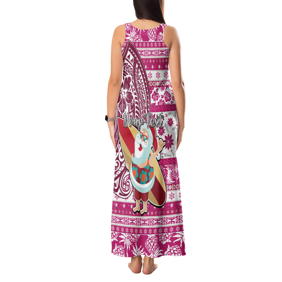 Custom Hawaii Mele Kalikimaka Tank Maxi Dress Santa Claus Surfing with Hawaiian Pattern Striped Pink Style LT03 - Polynesian Pride
