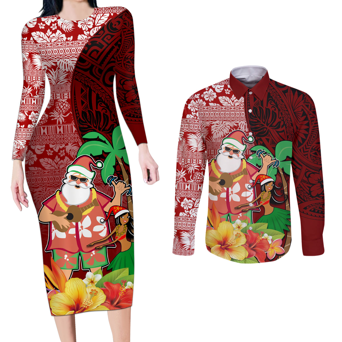 Hawaii Mele Kalikimaka Couples Matching Long Sleeve Bodycon Dress and Long Sleeve Button Shirt Santa Claus and Hula Girl Tropical Folwer with Hawaiian Pattern LT03 Red - Polynesian Pride