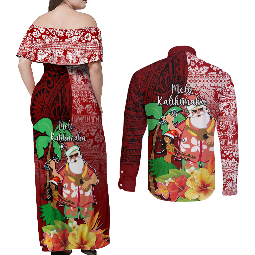 Hawaii Mele Kalikimaka Couples Matching Off Shoulder Maxi Dress and Long Sleeve Button Shirt Santa Claus and Hula Girl Tropical Folwer with Hawaiian Pattern LT03 - Polynesian Pride