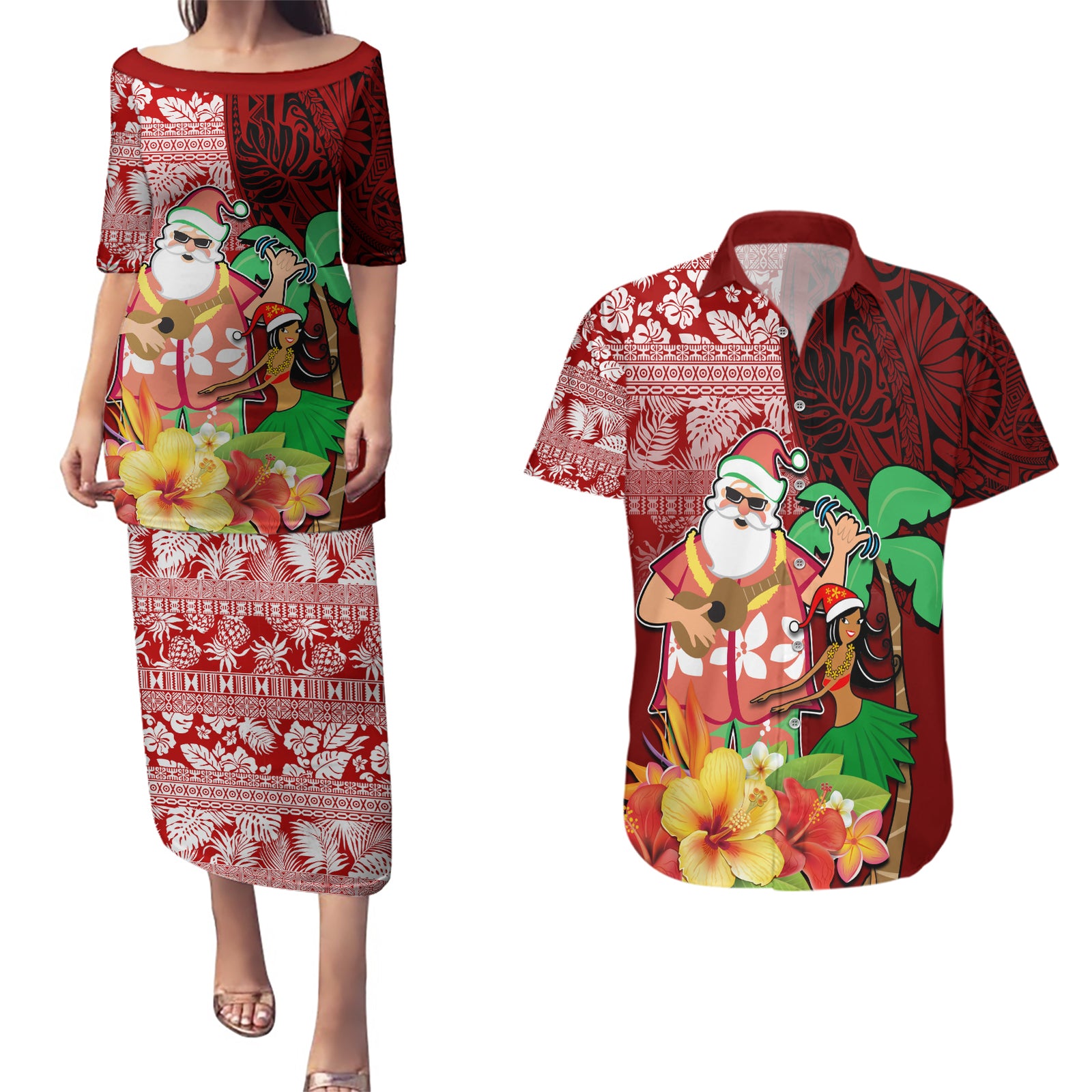 Hawaii Mele Kalikimaka Couples Matching Puletasi Dress and Hawaiian Shirt Santa Claus and Hula Girl Tropical Folwer with Hawaiian Pattern LT03 Red - Polynesian Pride