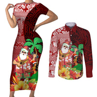 Hawaii Mele Kalikimaka Couples Matching Short Sleeve Bodycon Dress and Long Sleeve Button Shirt Santa Claus and Hula Girl Tropical Folwer with Hawaiian Pattern LT03 Red - Polynesian Pride