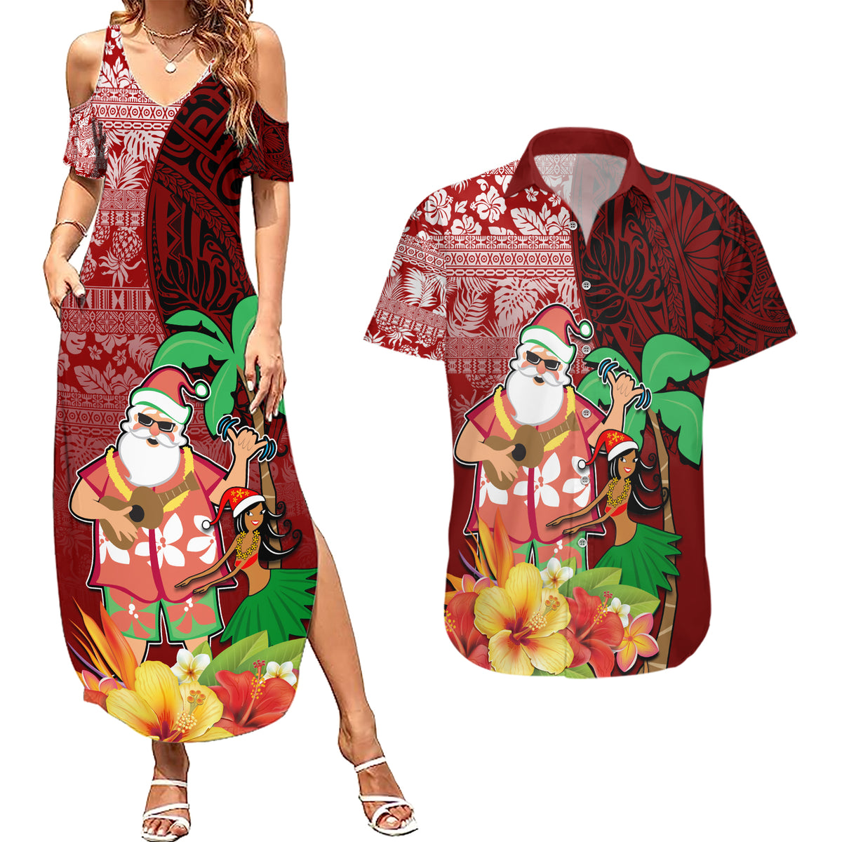 Hawaii Mele Kalikimaka Couples Matching Summer Maxi Dress and Hawaiian Shirt Santa Claus and Hula Girl Tropical Folwer with Hawaiian Pattern LT03 Red - Polynesian Pride