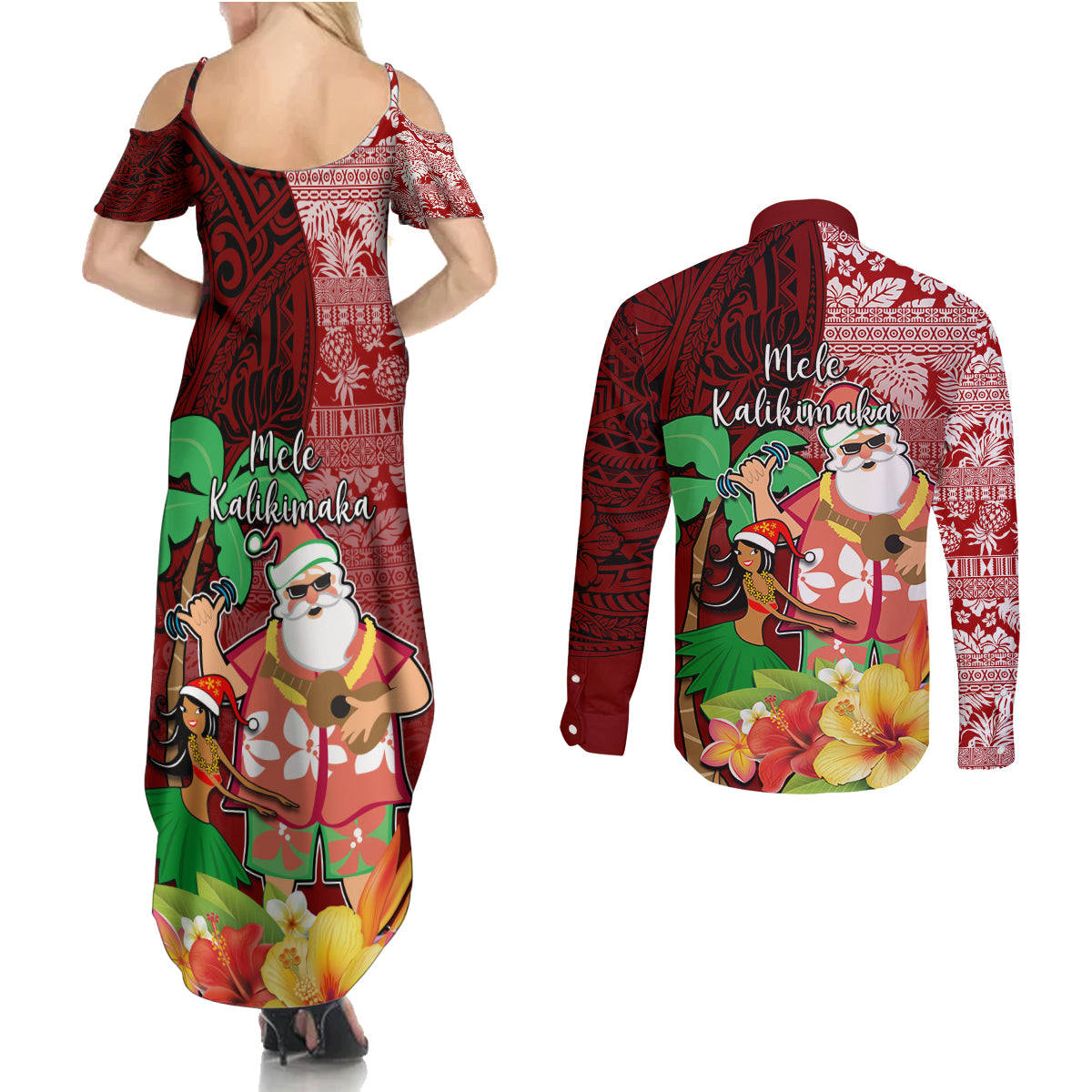 Hawaii Mele Kalikimaka Couples Matching Summer Maxi Dress and Long Sleeve Button Shirt Santa Claus and Hula Girl Tropical Folwer with Hawaiian Pattern LT03 - Polynesian Pride