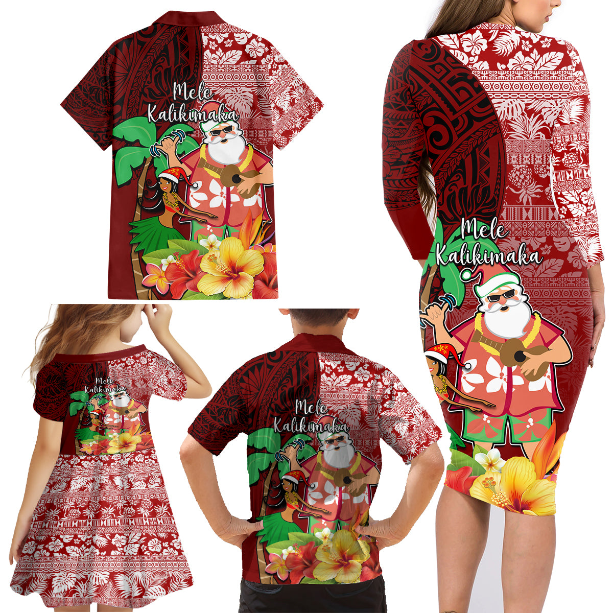 Hawaii Mele Kalikimaka Family Matching Long Sleeve Bodycon Dress and Hawaiian Shirt Santa Claus and Hula Girl Tropical Folwer with Hawaiian Pattern LT03 - Polynesian Pride
