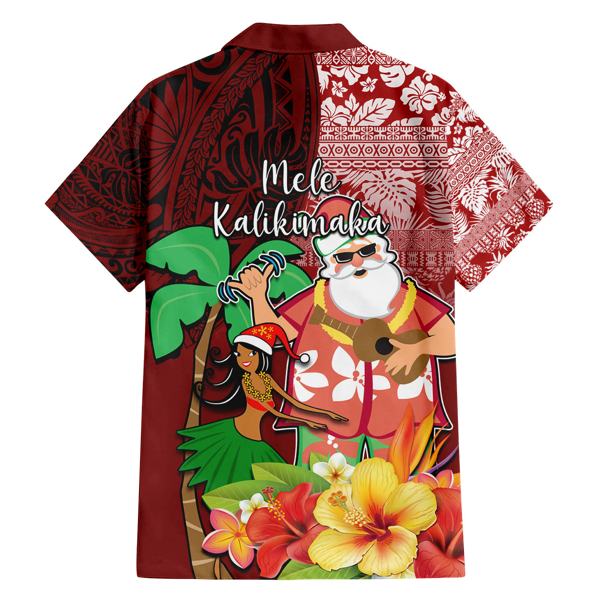 Hawaii Mele Kalikimaka Family Matching Off Shoulder Long Sleeve Dress and Hawaiian Shirt Santa Claus and Hula Girl Tropical Folwer with Hawaiian Pattern LT03 - Polynesian Pride