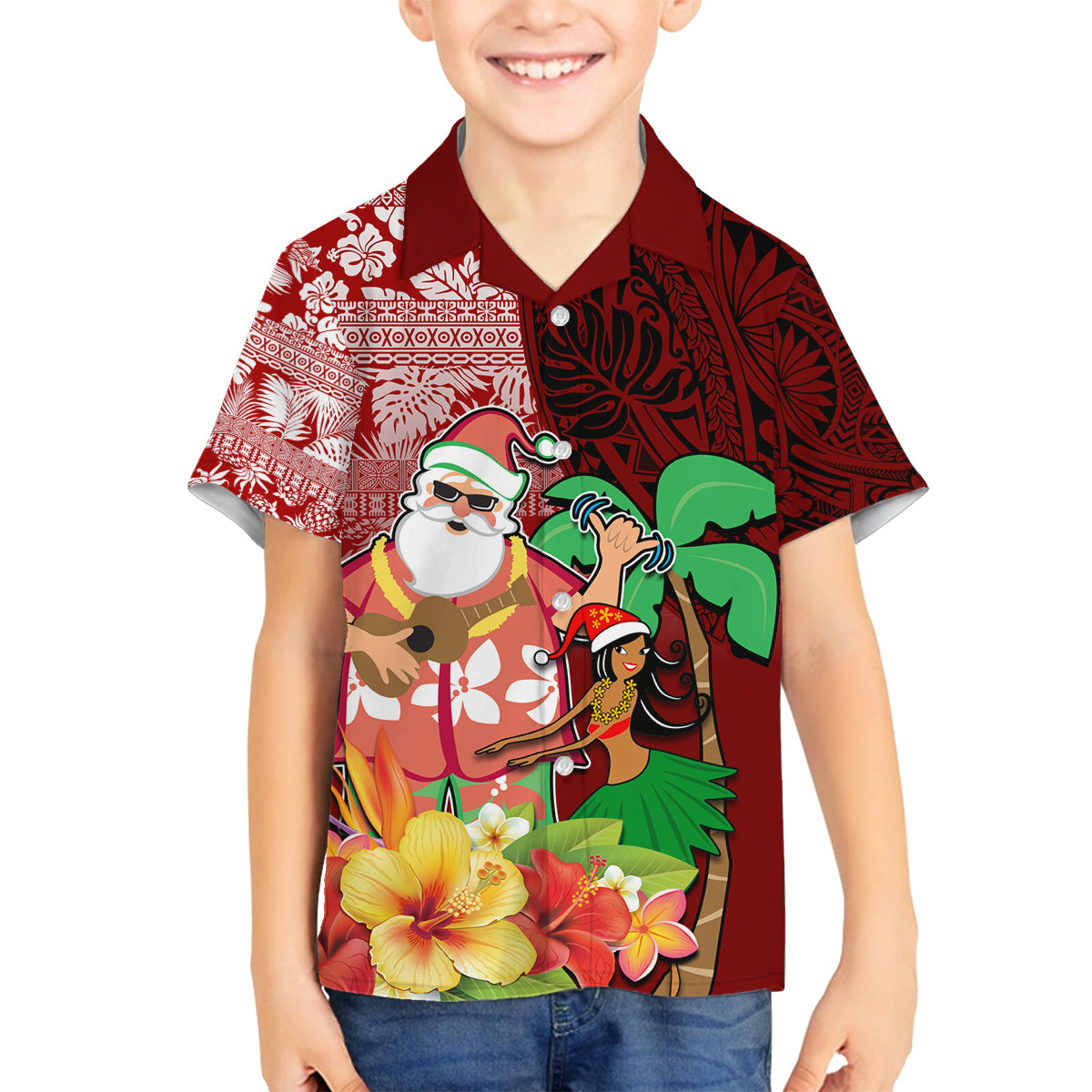 Hawaii Mele Kalikimaka Family Matching Off Shoulder Long Sleeve Dress and Hawaiian Shirt Santa Claus and Hula Girl Tropical Folwer with Hawaiian Pattern LT03 Son's Shirt Red - Polynesian Pride