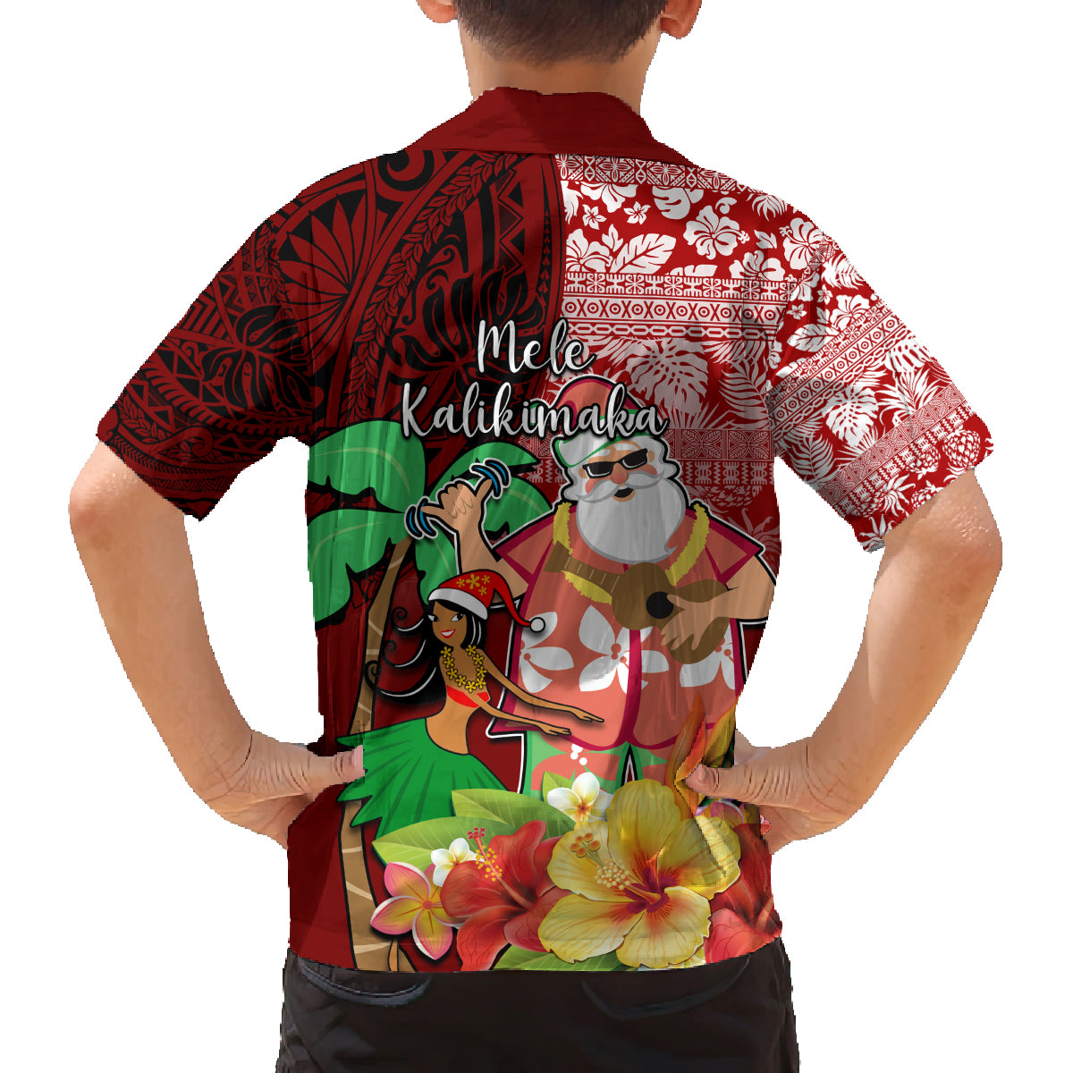 Hawaii Mele Kalikimaka Family Matching Off Shoulder Maxi Dress and Hawaiian Shirt Santa Claus and Hula Girl Tropical Folwer with Hawaiian Pattern LT03 - Polynesian Pride